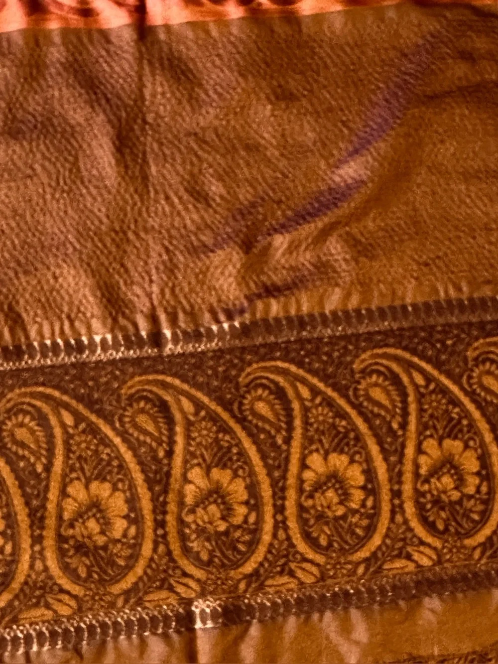 Brown Paisley-Trim Iridescent Sheen Silk, Wool & Viscose Scarf 19” x 56”